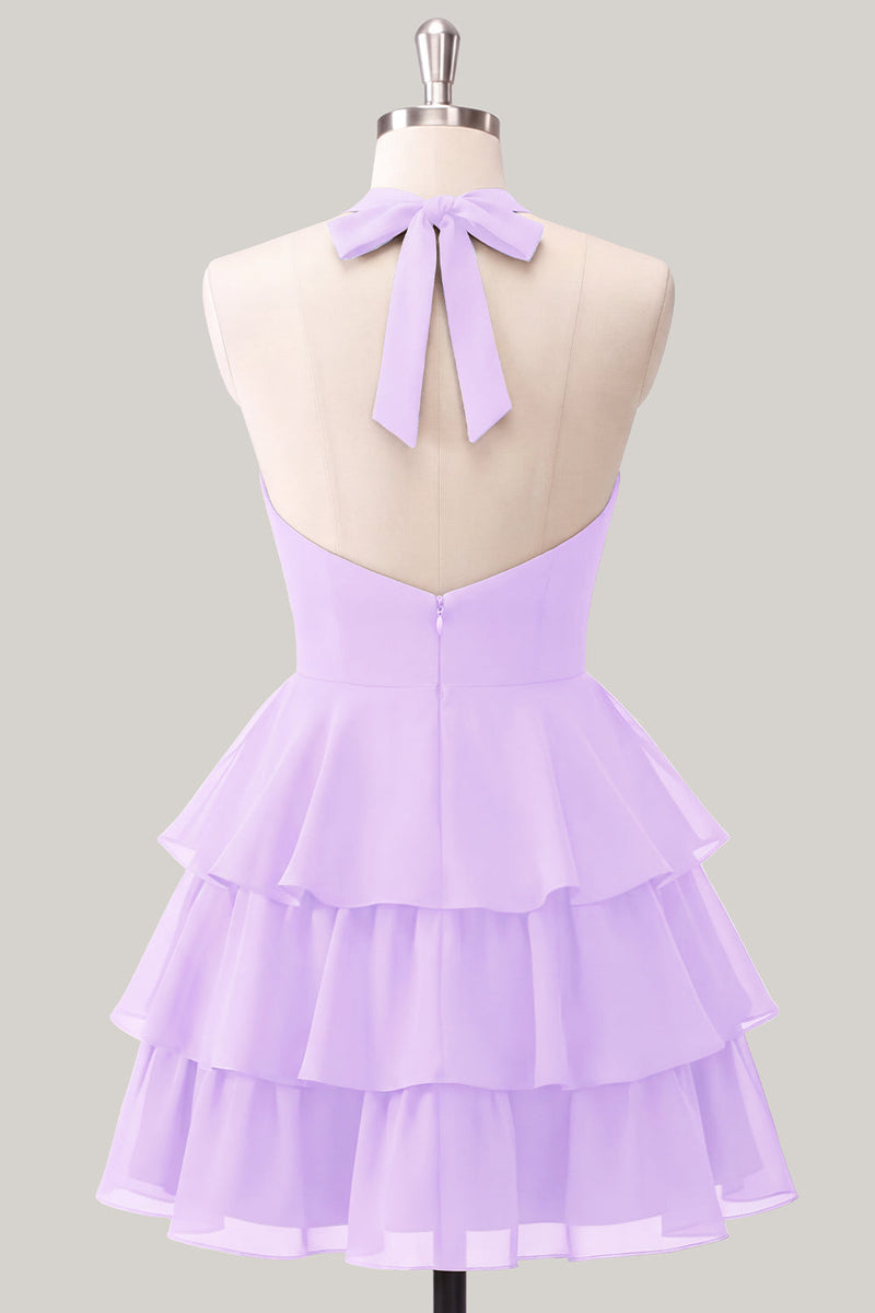 Laden Sie das Bild in den Galerie-Viewer, Blaue Blume A-Linie Neckholder-Halsausschnitt Chiffon Homecoming-Kleid