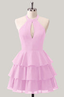 Laden Sie das Bild in den Galerie-Viewer, Blaue Blume A-Linie Neckholder-Halsausschnitt Chiffon Homecoming-Kleid