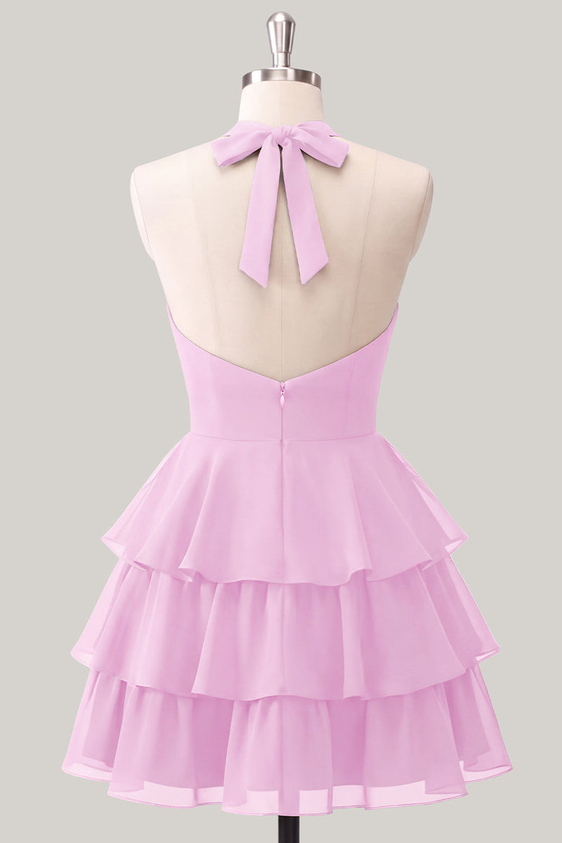 Laden Sie das Bild in den Galerie-Viewer, Blaue Blume A-Linie Neckholder-Halsausschnitt Chiffon Homecoming-Kleid