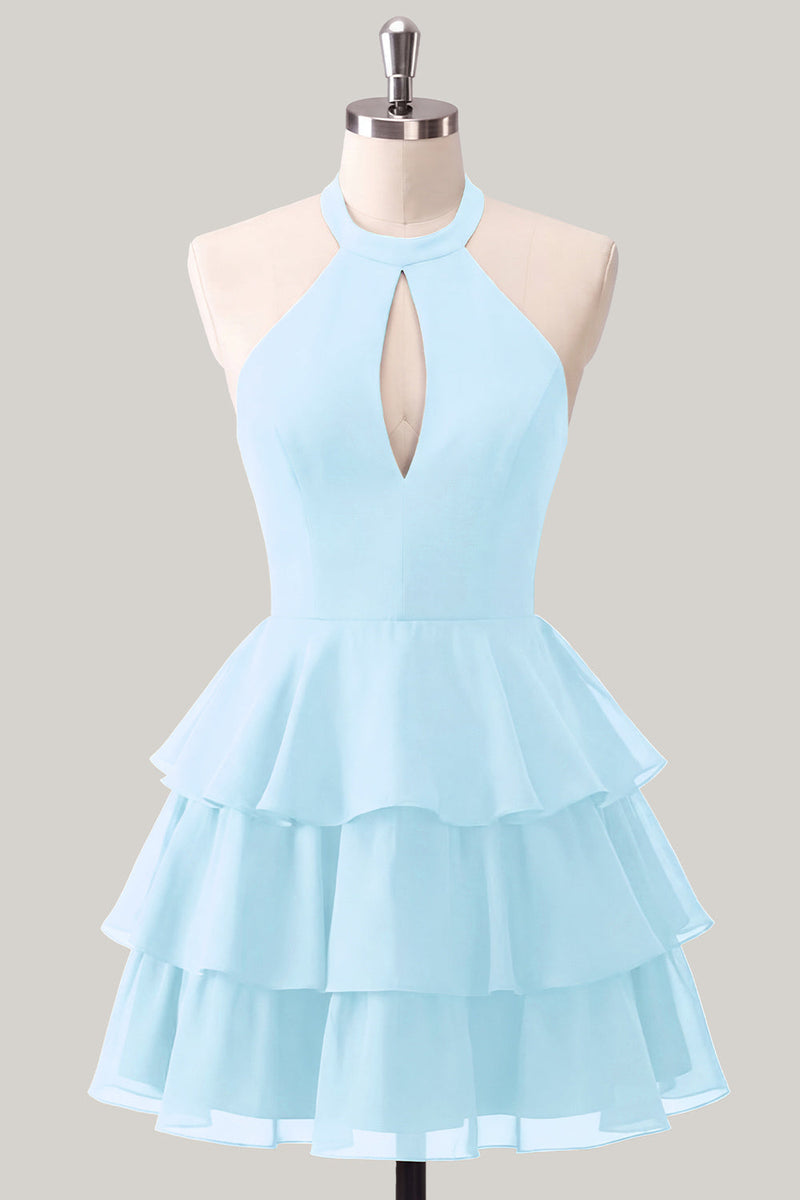 Laden Sie das Bild in den Galerie-Viewer, Blaue Blume A-Linie Neckholder-Halsausschnitt Chiffon Homecoming-Kleid