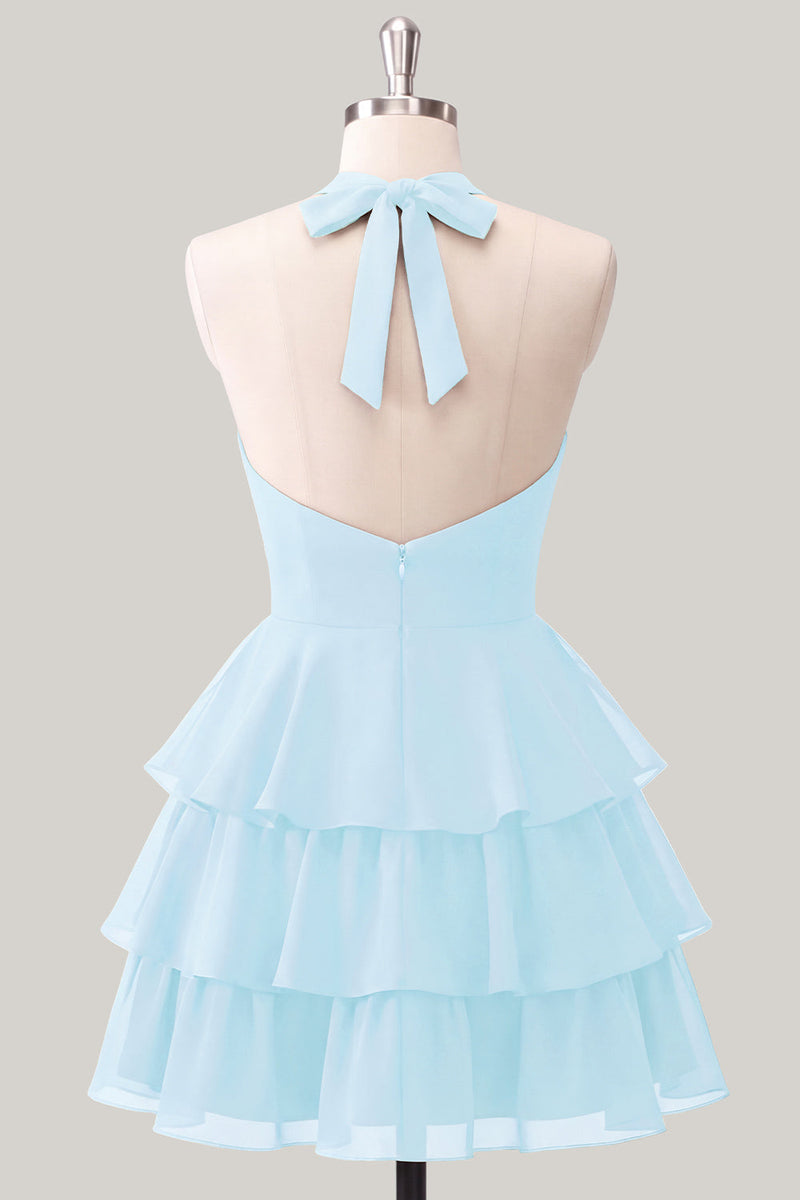Laden Sie das Bild in den Galerie-Viewer, Blaue Blume A-Linie Neckholder-Halsausschnitt Chiffon Homecoming-Kleid