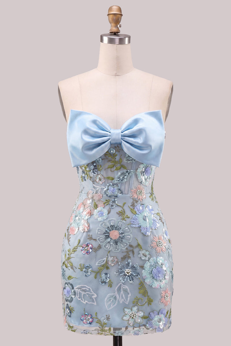 Laden Sie das Bild in den Galerie-Viewer, Hellblaues, bodycon, trägerlose Pailletten, Korsett, Spitze mit Back-Homecoming-Kleid mit Schleife