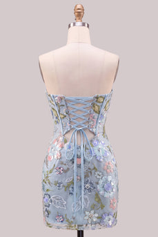 Hellblaues Bodycon Trägerloses Pailletten Korsett Schnürung Kurzes Abendkleid mit Schleife