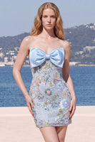 Laden Sie das Bild in den Galerie-Viewer, Hellblaues, bodycon, trägerlose Pailletten, Korsett, Spitze mit Back-Homecoming-Kleid mit Schleife