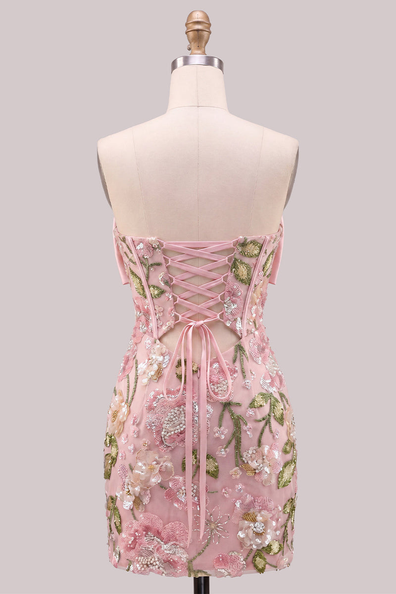 Laden Sie das Bild in den Galerie-Viewer, Hellblaues, bodycon, trägerlose Pailletten, Korsett, Spitze mit Back-Homecoming-Kleid mit Schleife