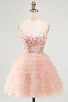 Laden Sie das Bild in den Galerie-Viewer, Sweetheart Pink A-LiGestufte Blumen Pailletten Kurzes Abendkleid