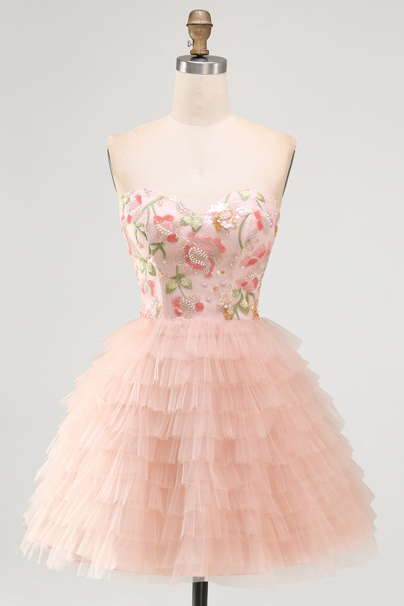 Laden Sie das Bild in den Galerie-Viewer, Sweetheart Pink A-LiGestufte Blumen Pailletten Kurzes Abendkleid