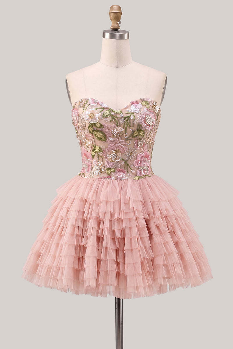 Laden Sie das Bild in den Galerie-Viewer, Sweetheart Pink A-Linie gestufte Blumenpailletten Homecoming-Kleid