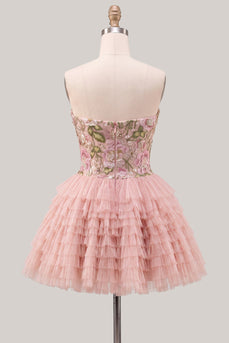Sweetheart Pink A-LiGestufte Blumen Pailletten Kurzes Abendkleid