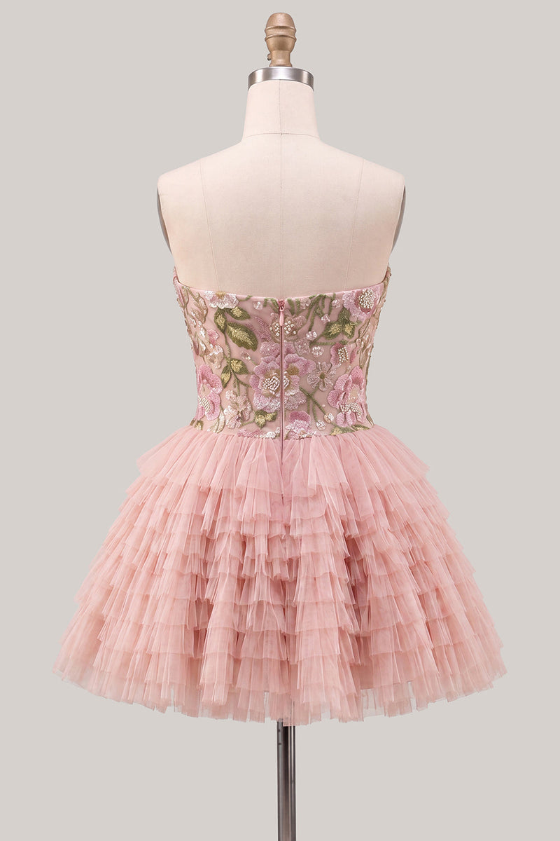 Laden Sie das Bild in den Galerie-Viewer, Sweetheart Pink A-Linie gestufte Blumenpailletten Homecoming-Kleid