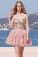 Laden Sie das Bild in den Galerie-Viewer, Sweetheart Pink A-Linie gestufte Blumenpailletten Homecoming-Kleid