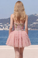 Laden Sie das Bild in den Galerie-Viewer, Sweetheart Pink A-Linie gestufte Blumenpailletten Homecoming-Kleid