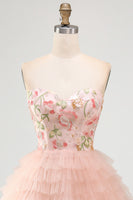 Laden Sie das Bild in den Galerie-Viewer, Sweetheart Pink A-LiGestufte Blumen Pailletten Kurzes Abendkleid