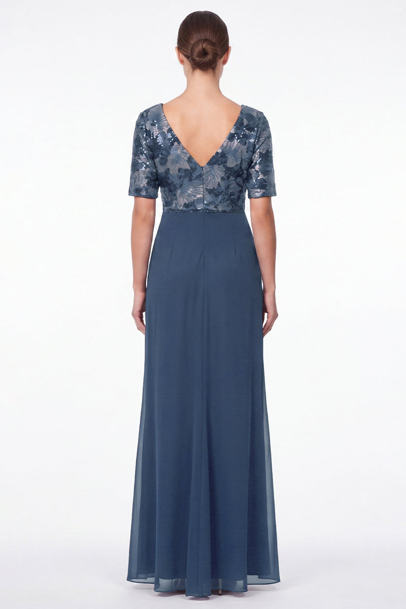 Laden Sie das Bild in den Galerie-Viewer, Marineblaues Meerjungfrauen-Floral-V-Ausschnitt mit gerafftem Chiffon Lange Mutter-der-Braut-Kleid mit Rüschen