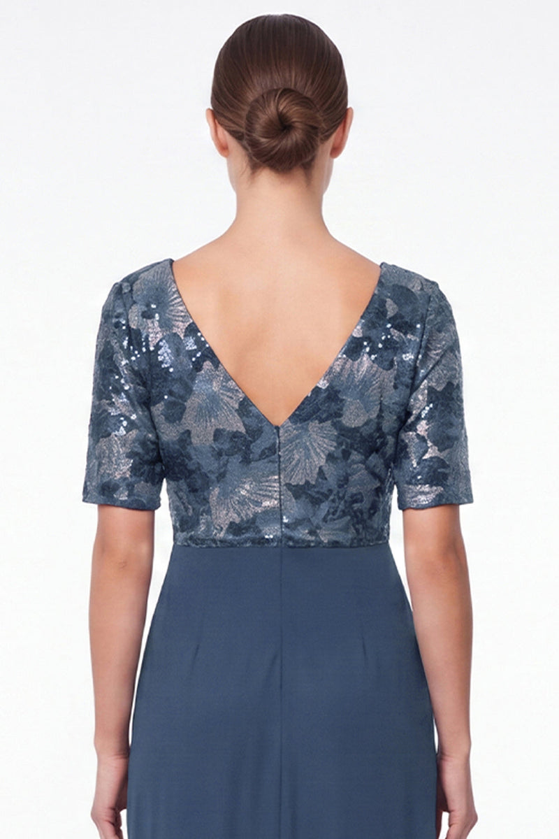 Laden Sie das Bild in den Galerie-Viewer, Marineblaues Meerjungfrauen-Floral-V-Ausschnitt mit gerafftem Chiffon Lange Mutter-der-Braut-Kleid mit Rüschen