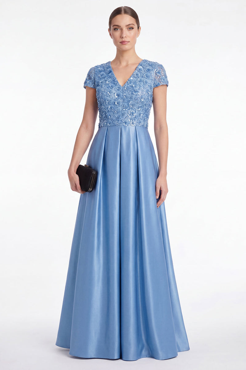 Laden Sie das Bild in den Galerie-Viewer, A-Linie blaue V-Ausschnitt-Satinpailletten Langes Mutter-der-der-Braut-Kleid mit kurzen Ärmeln