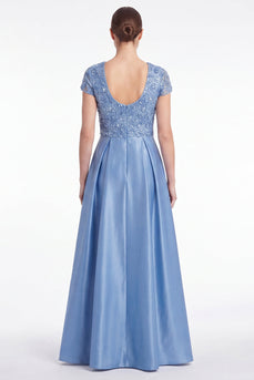 A-Linie Blaues V-Ausschnitt Satin Pailletten Langes Mutter-der-Braut-Kleid mit kurzen Ärmeln