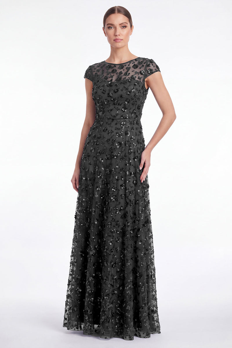 Laden Sie das Bild in den Galerie-Viewer, A-Linie navy Rundhals-Pailletten Langes Mutter-der-der-Braut-Kleid mit Mützenärmeln