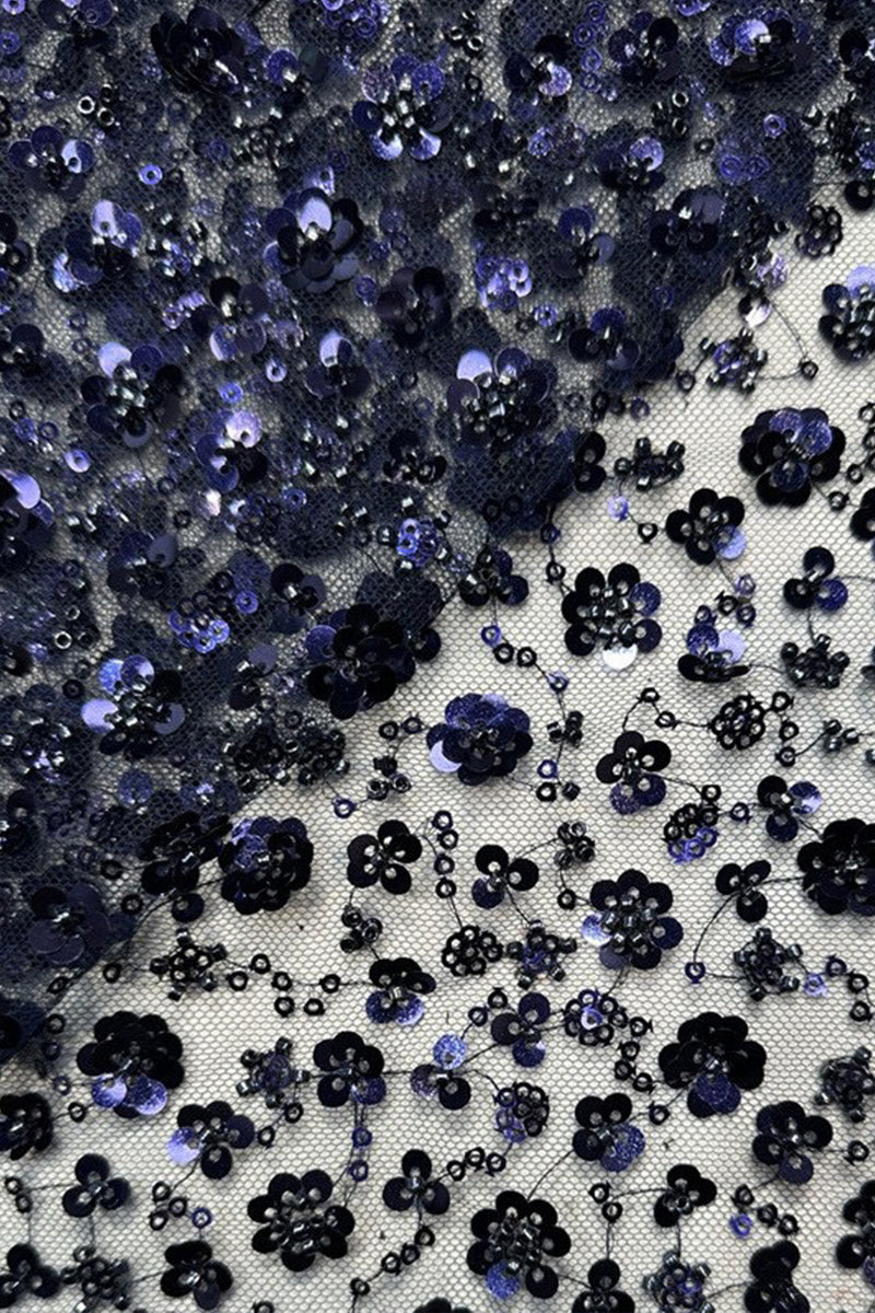 Laden Sie das Bild in den Galerie-Viewer, A-Linie navy Rundhals-Pailletten Langes Mutter-der-der-Braut-Kleid mit Mützenärmeln