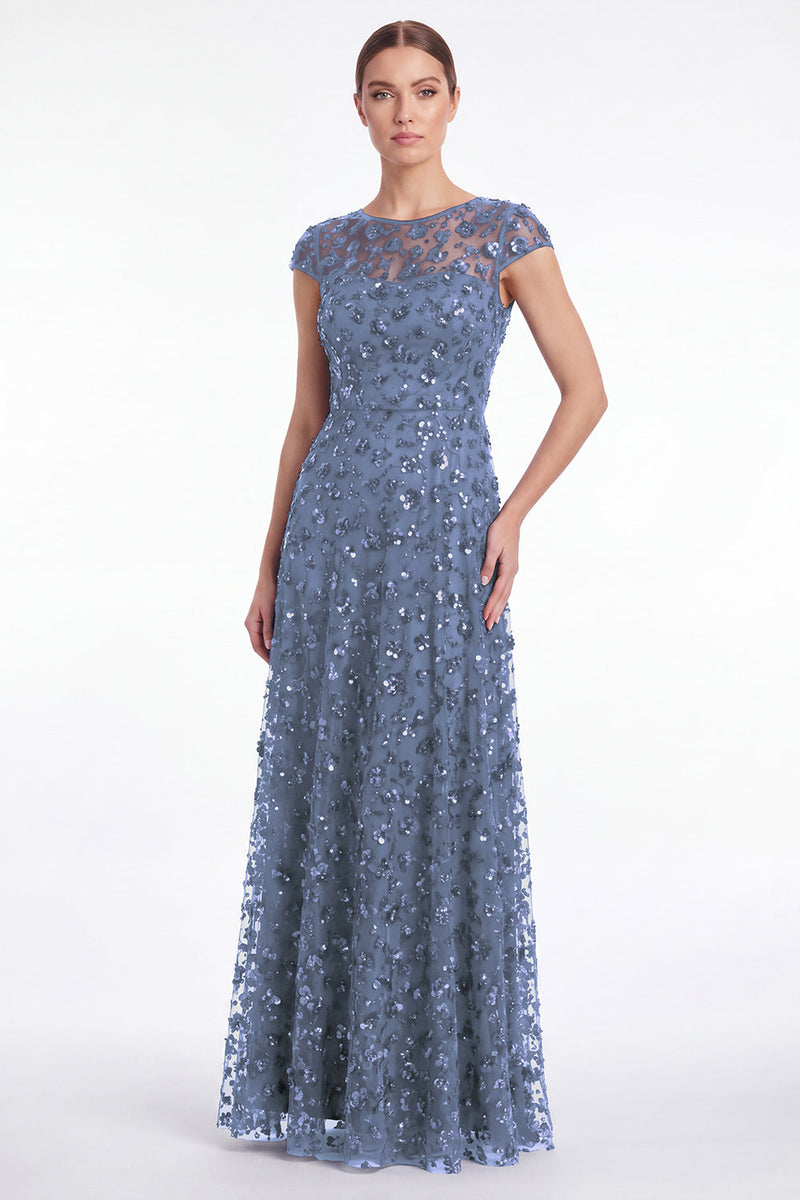 Laden Sie das Bild in den Galerie-Viewer, A-Linie navy Rundhals-Pailletten Langes Mutter-der-der-Braut-Kleid mit Mützenärmeln