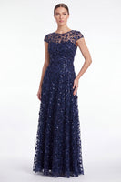Laden Sie das Bild in den Galerie-Viewer, A-Linie navy Rundhals-Pailletten Langes Mutter-der-der-Braut-Kleid mit Mützenärmeln