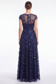 A-Linie navy Rundhals Pailletten Langes Mutter-der-Braut-Kleid mit Mützenärmeln