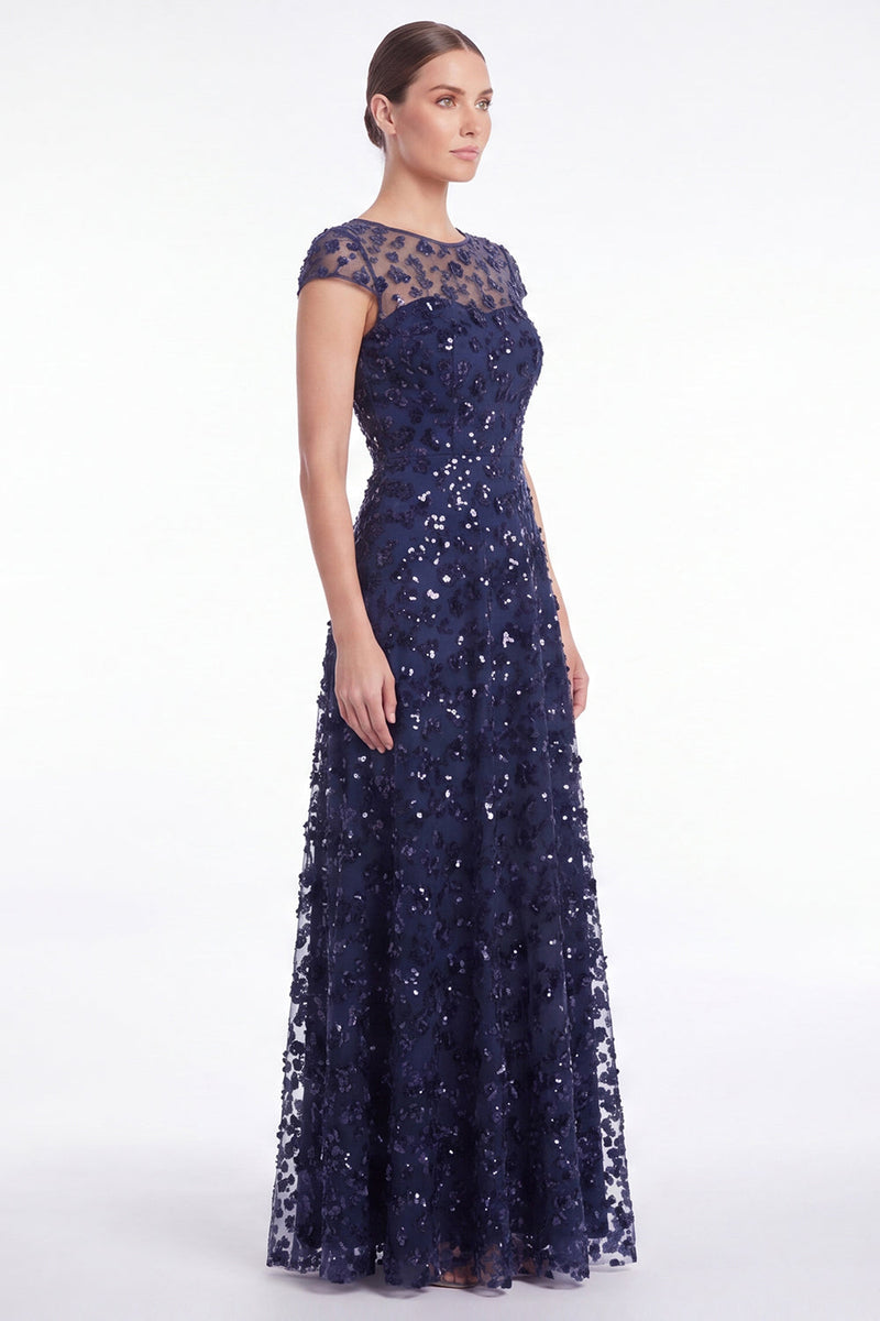 Laden Sie das Bild in den Galerie-Viewer, A-Linie navy Rundhals-Pailletten Langes Mutter-der-der-Braut-Kleid mit Mützenärmeln