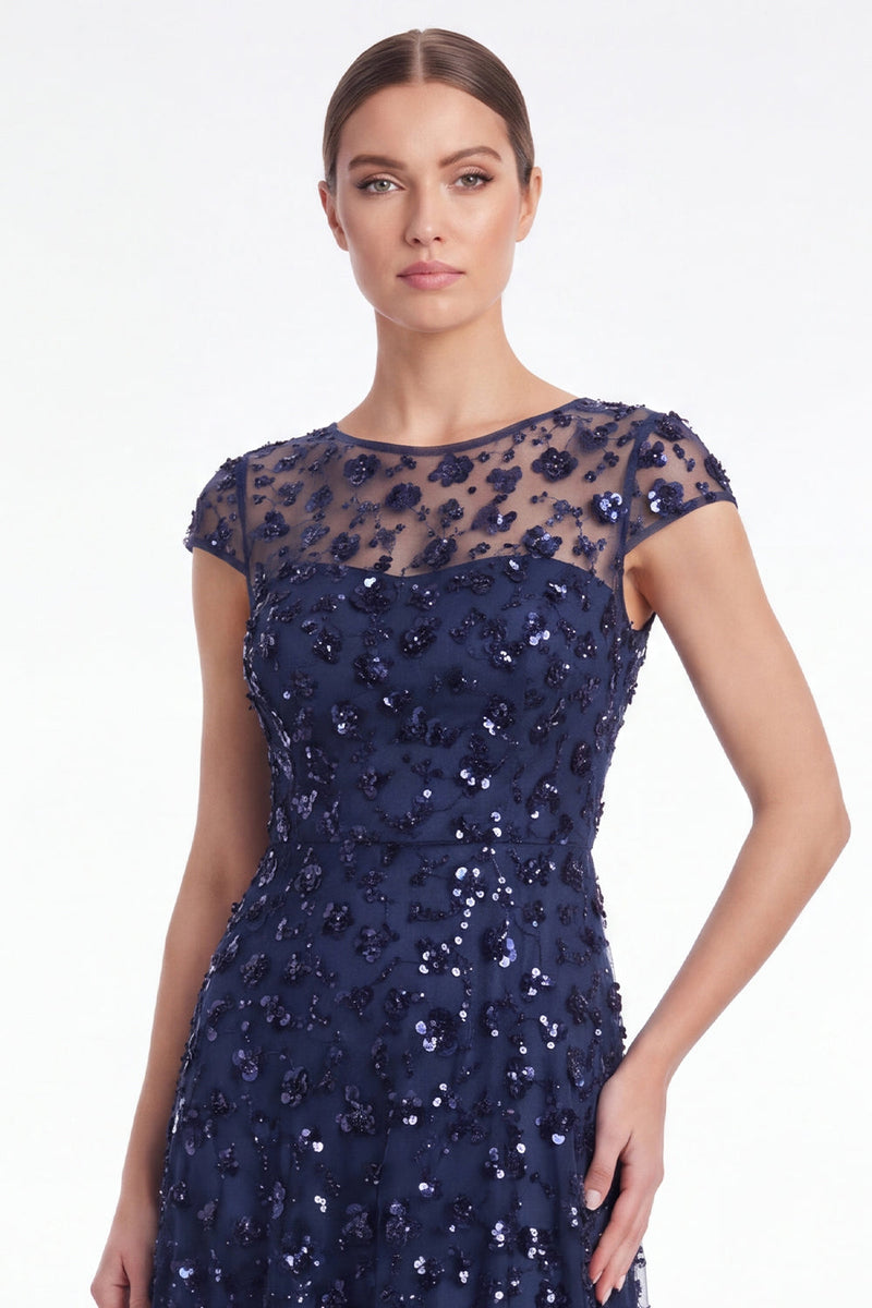 Laden Sie das Bild in den Galerie-Viewer, A-Linie navy Rundhals-Pailletten Langes Mutter-der-der-Braut-Kleid mit Mützenärmeln