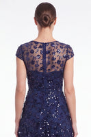 Laden Sie das Bild in den Galerie-Viewer, A-Linie navy Rundhals-Pailletten Langes Mutter-der-der-Braut-Kleid mit Mützenärmeln