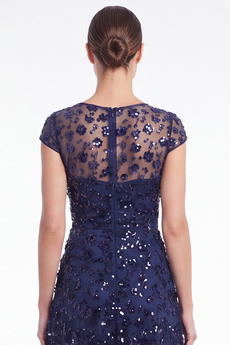 Laden Sie das Bild in den Galerie-Viewer, A-Linie navy Rundhals-Pailletten Langes Mutter-der-der-Braut-Kleid mit Mützenärmeln