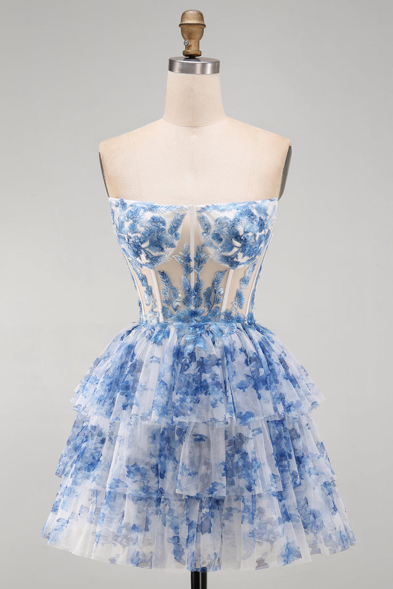 Laden Sie das Bild in den Galerie-Viewer, Weißblaues Blumiges Trägerloses Transparentes Korsett Gestuftes A-Linie Kurzes Abendkleid mit Schnürung