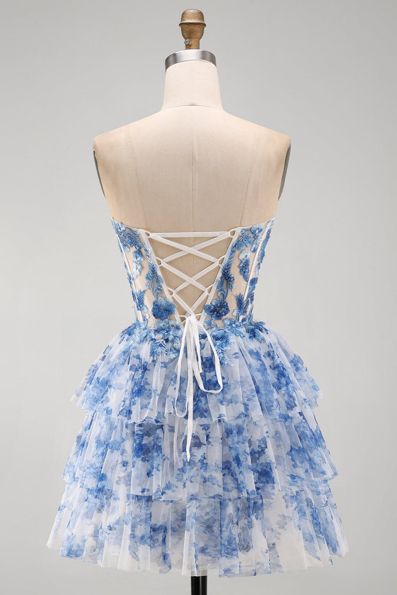 Laden Sie das Bild in den Galerie-Viewer, Weißblaues Blumiges Trägerloses Transparentes Korsett Gestuftes A-Linie Kurzes Abendkleid mit Schnürung