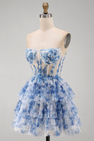 Laden Sie das Bild in den Galerie-Viewer, Weißblaues Blumiges Trägerloses Transparentes Korsett Gestuftes A-Linie Kurzes Abendkleid mit Schnürung