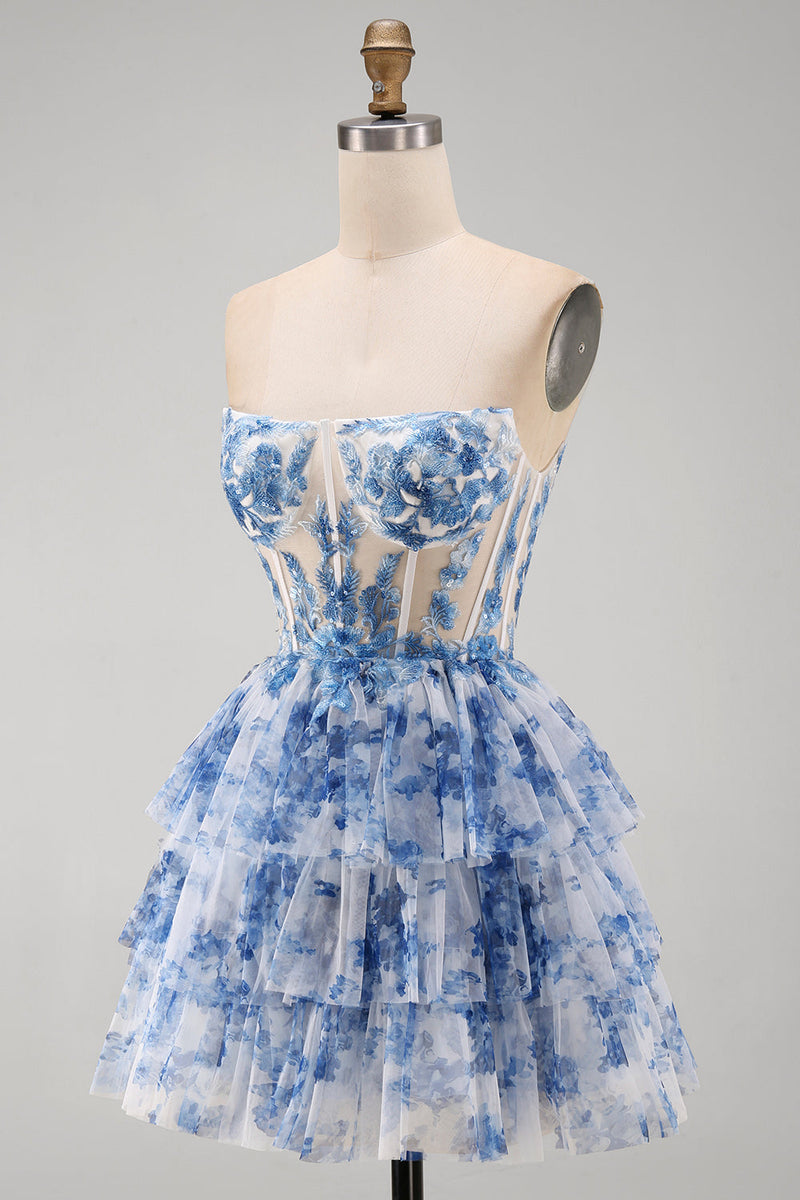 Laden Sie das Bild in den Galerie-Viewer, Weißblaues Blumiges Trägerloses Transparentes Korsett Gestuftes A-Linie Kurzes Abendkleid mit Schnürung