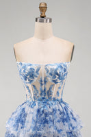 Laden Sie das Bild in den Galerie-Viewer, Weißblaues Blumiges Trägerloses Transparentes Korsett Gestuftes A-Linie Kurzes Abendkleid mit Schnürung