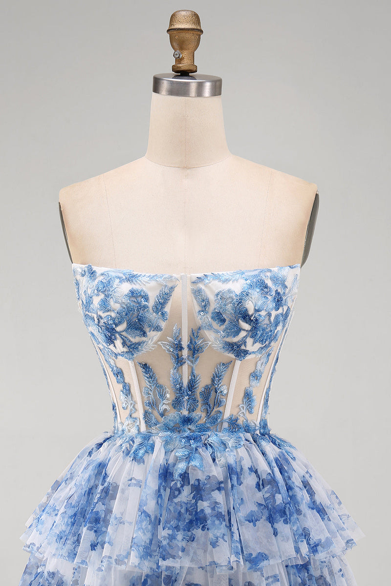 Laden Sie das Bild in den Galerie-Viewer, Weißblaues Blumiges Trägerloses Transparentes Korsett Gestuftes A-Linie Kurzes Abendkleid mit Schnürung