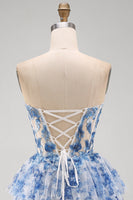 Laden Sie das Bild in den Galerie-Viewer, Weißblaues Blumiges Trägerloses Transparentes Korsett Gestuftes A-Linie Kurzes Abendkleid mit Schnürung
