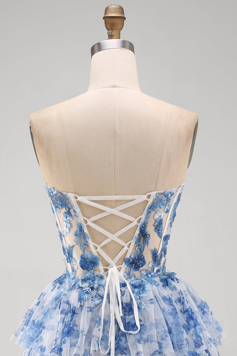 Laden Sie das Bild in den Galerie-Viewer, Weißblaues Blumiges Trägerloses Transparentes Korsett Gestuftes A-Linie Kurzes Abendkleid mit Schnürung