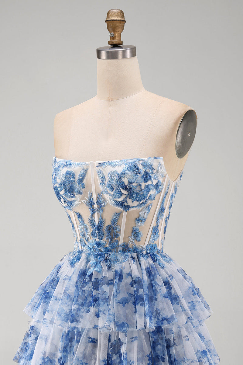 Laden Sie das Bild in den Galerie-Viewer, Weißblaues Blumiges Trägerloses Transparentes Korsett Gestuftes A-Linie Kurzes Abendkleid mit Schnürung