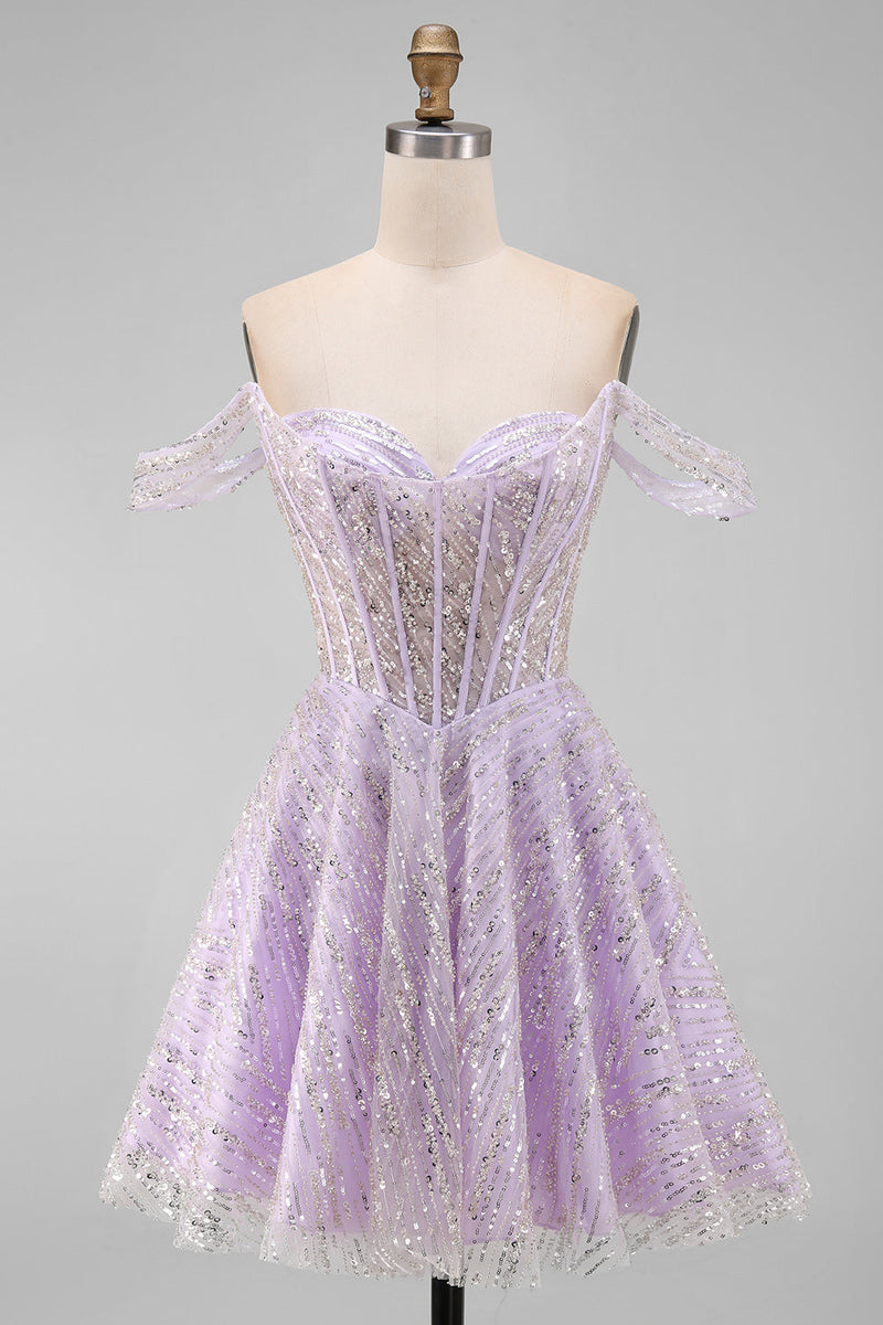 Laden Sie das Bild in den Galerie-Viewer, Off-the-shoulder Lila Korsett Pailletten A-Linie Kurzes Abendkleid mit Schnürung