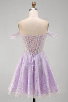 Laden Sie das Bild in den Galerie-Viewer, Off-the-shoulder Lila Korsett Pailletten A-Linie Kurzes Abendkleid mit Schnürung