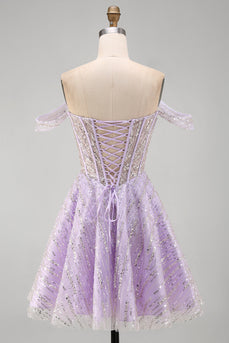 Off-the-shoulder Lila Korsett Pailletten A-Linie Kurzes Abendkleid mit Schnürung