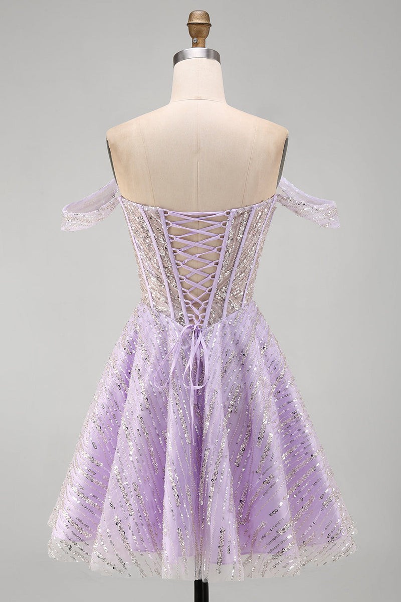 Laden Sie das Bild in den Galerie-Viewer, Off-the-shoulder Lila Korsett Pailletten A-Linie Kurzes Abendkleid mit Schnürung