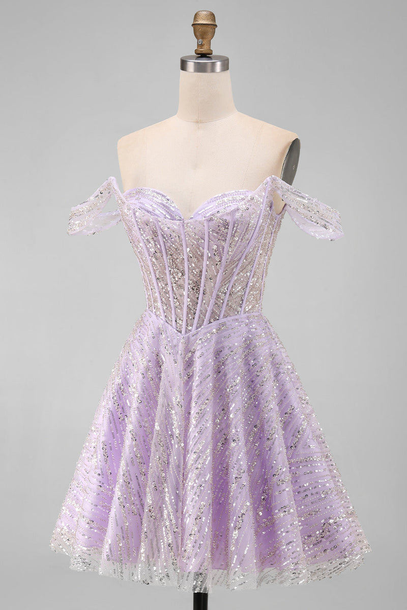 Laden Sie das Bild in den Galerie-Viewer, Off-the-shoulder Lila Korsett Pailletten A-Linie Kurzes Abendkleid mit Schnürung