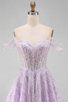 Laden Sie das Bild in den Galerie-Viewer, Off-the-shoulder Lila Korsett Pailletten A-Linie Kurzes Abendkleid mit Schnürung
