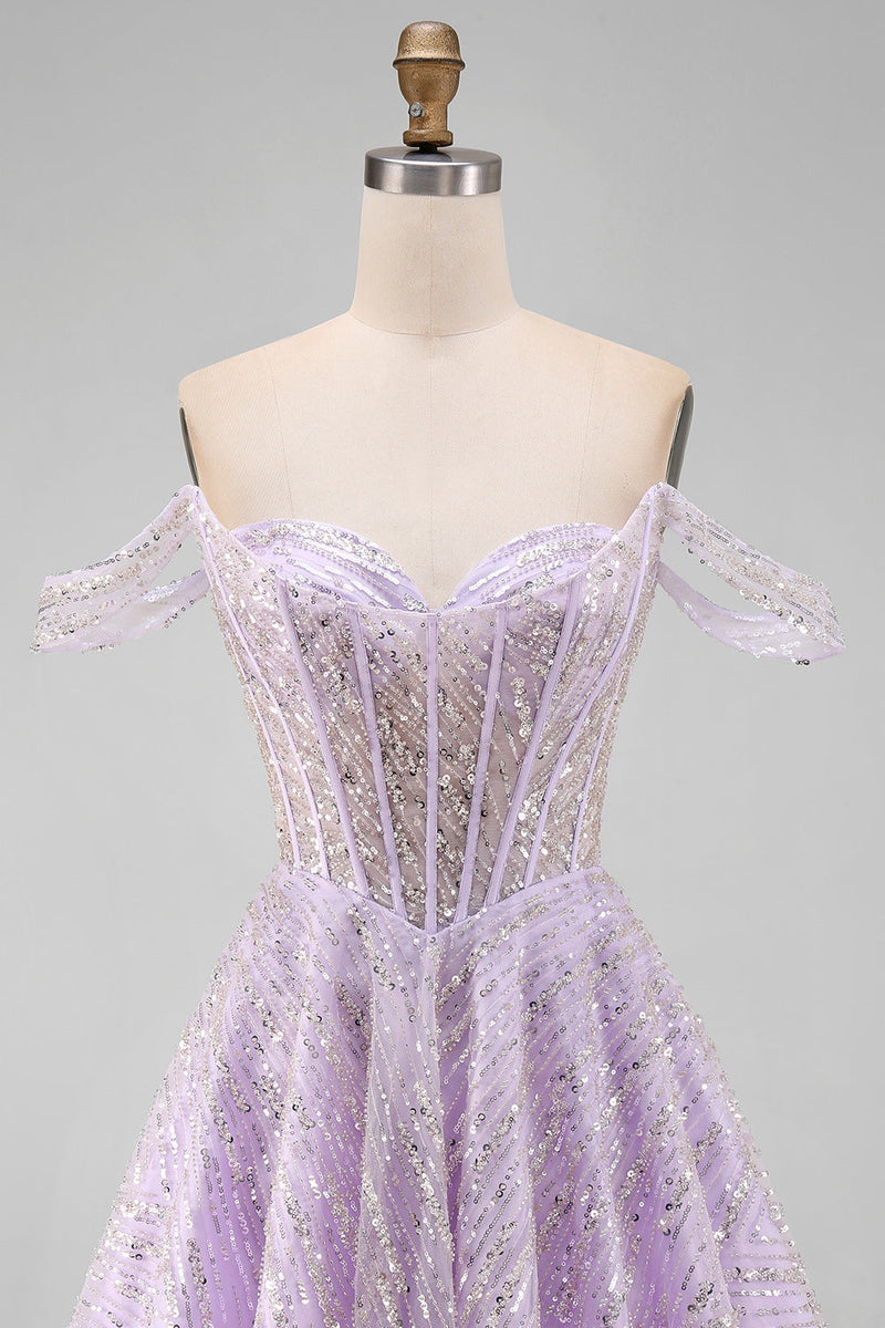 Laden Sie das Bild in den Galerie-Viewer, Off-the-shoulder Lila Korsett Pailletten A-Linie Kurzes Abendkleid mit Schnürung