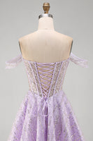 Laden Sie das Bild in den Galerie-Viewer, Off-the-shoulder Lila Korsett Pailletten A-Linie Kurzes Abendkleid mit Schnürung