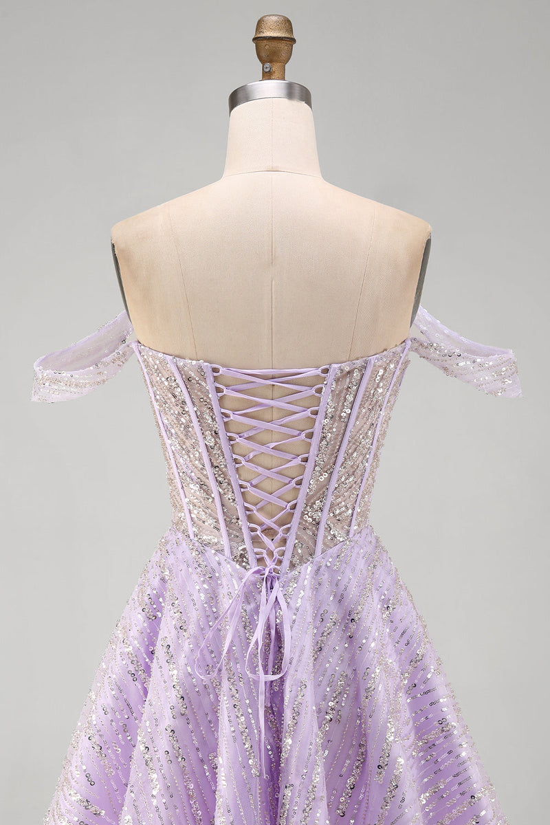 Laden Sie das Bild in den Galerie-Viewer, Off-the-shoulder Lila Korsett Pailletten A-Linie Kurzes Abendkleid mit Schnürung