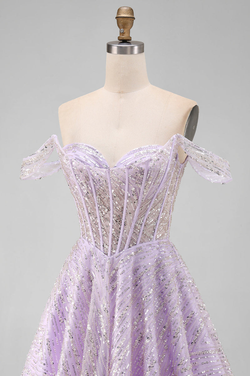 Laden Sie das Bild in den Galerie-Viewer, Off-the-shoulder Lila Korsett Pailletten A-Linie Kurzes Abendkleid mit Schnürung