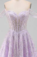 Laden Sie das Bild in den Galerie-Viewer, Off-the-shoulder Lila Korsett Pailletten A-Linie Kurzes Abendkleid mit Schnürung
